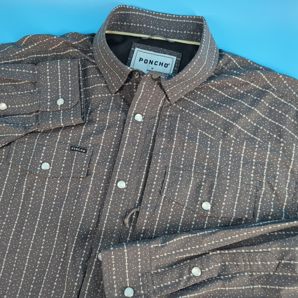Poncho Outdoors Mens Regular Fit Western Snap Shirt Gray Geometric Star Stripe M